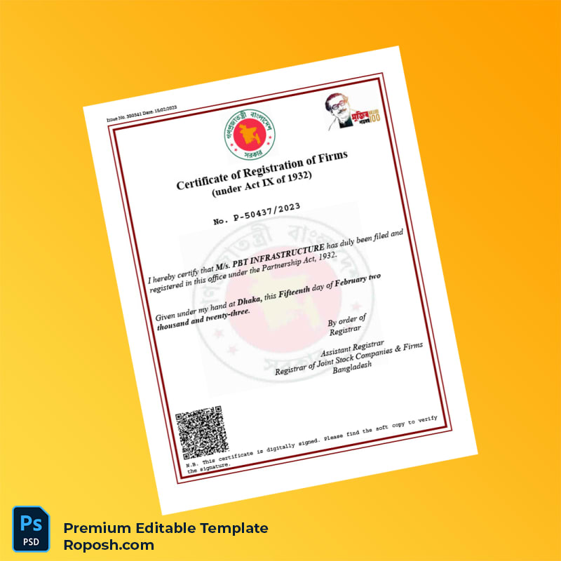 Customizable Bangladesh Registrar of Joint Stock Companies Firms Business Registration Certificate Editable Word & PDF Template Customizable Bangladesh Registrar of Joint Stock Companies Firms Business Registration Certificate Editable Word & PDF Template