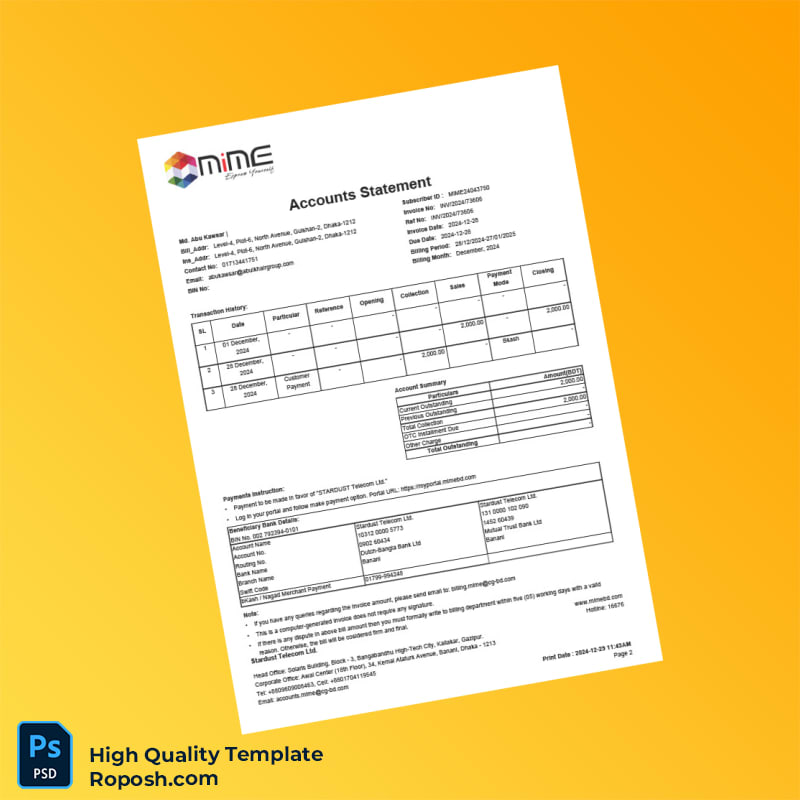 Bangladesh Stardust Telecom Ltd Invoice Template in Word and PDF formats 2 page Bangladesh Stardust Telecom Ltd Invoice Template in Word and PDF formats 2 page