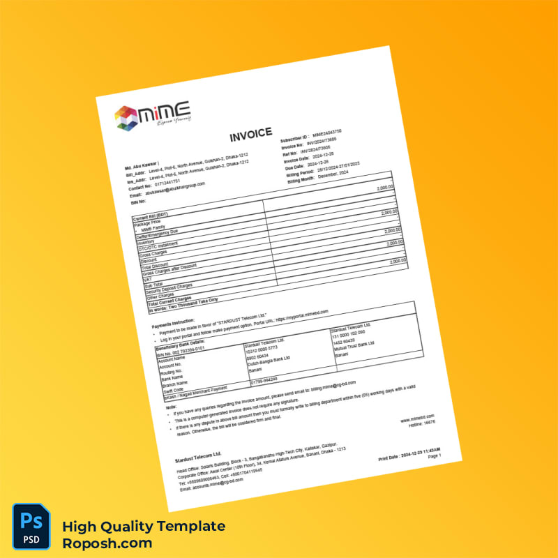 Bangladesh Stardust Telecom Ltd Invoice Template in Word and PDF formats 2 page Bangladesh Stardust Telecom Ltd Invoice Template in Word and PDF formats 2 page