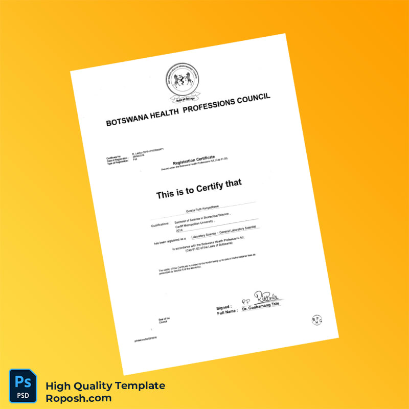 Botswana Health Professions Council Registration Certificate Template in Word and PDF formats Botswana Health Professions Council Registration Certificate Template in Word and PDF formats