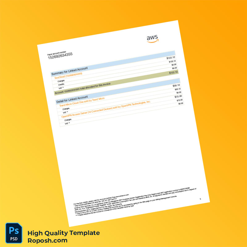 Brazil Amazon Web Services Invoice Template in Word and PDF formats 3 page Brazil Amazon Web Services Invoice Template in Word and PDF formats 3 page