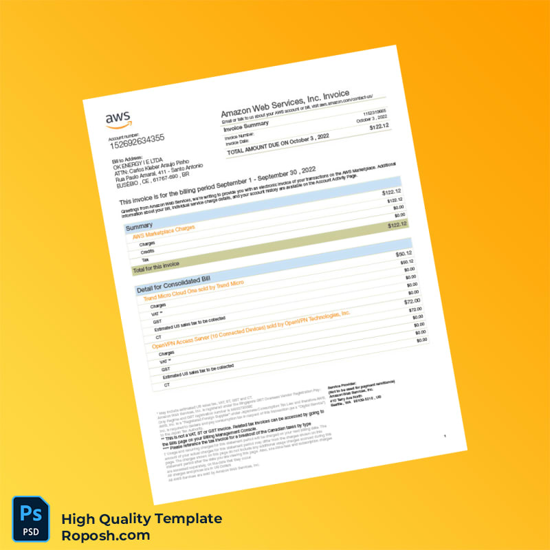 Brazil Amazon Web Services Invoice Template in Word and PDF formats 3 page Brazil Amazon Web Services Invoice Template in Word and PDF formats 3 page