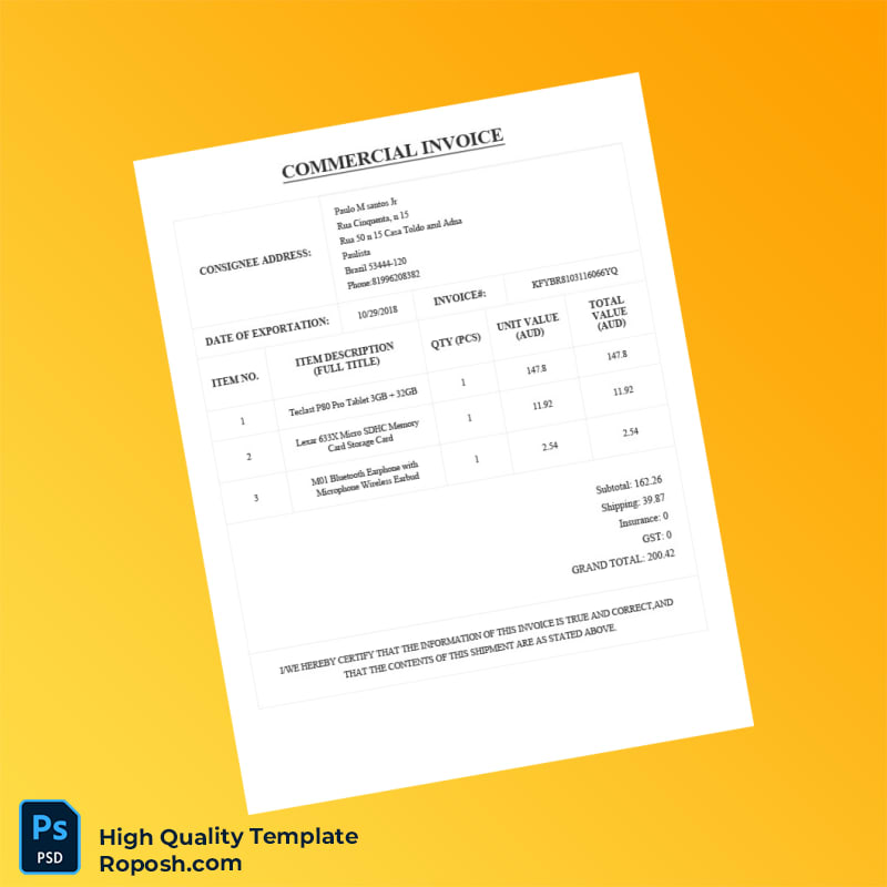 Brazil Commercial Invoice Template in Word and PDF formats Brazil Commercial Invoice Template in Word and PDF formats