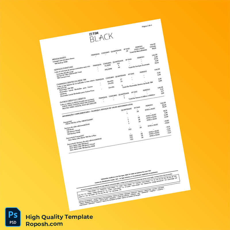 Brazil TIM Invoice Template in Word and PDF formats 6 page Brazil TIM Invoice Template in Word and PDF formats 6 page