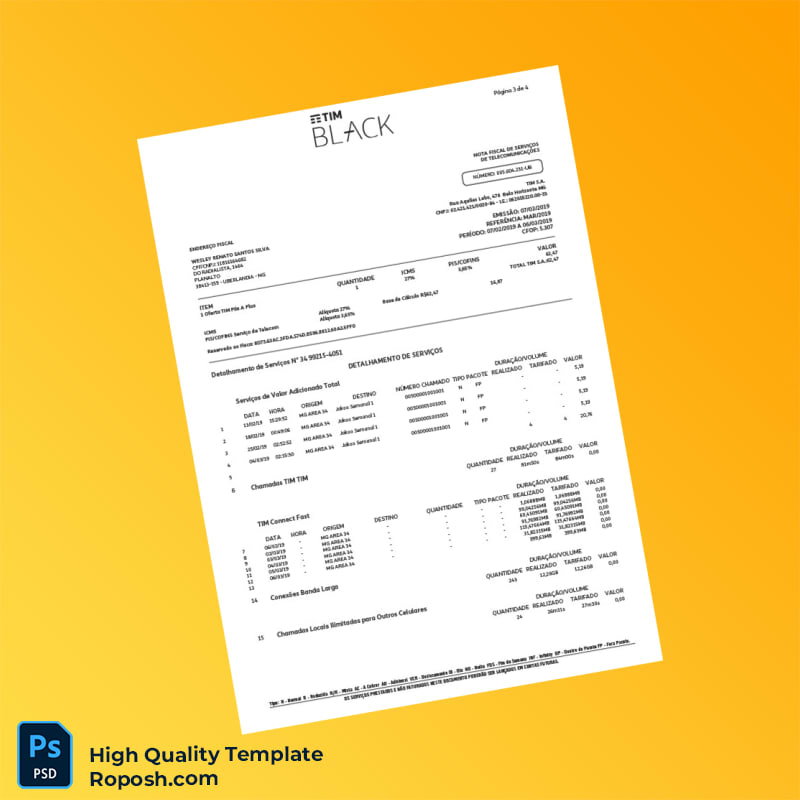 Brazil TIM Invoice Template in Word and PDF formats 6 page Brazil TIM Invoice Template in Word and PDF formats 6 page
