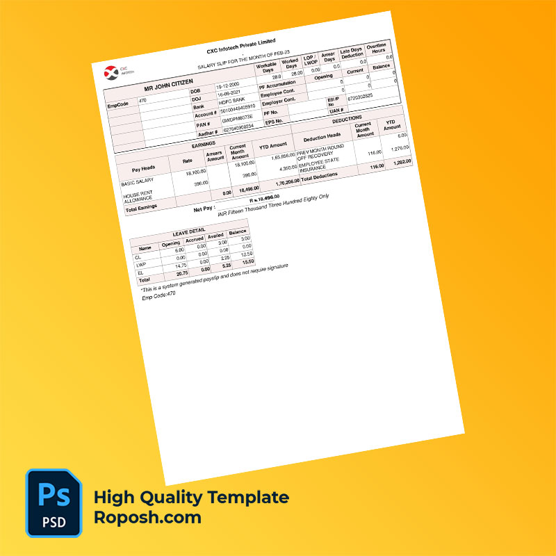 CXC Infotech Private Limited payslip word and pdf template CXC Infotech Private Limited payslip word and pdf template