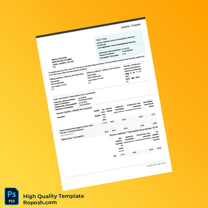 Canada Amazon Invoice Template in Word and PDF formats Canada Amazon Invoice Template in Word and PDF formats