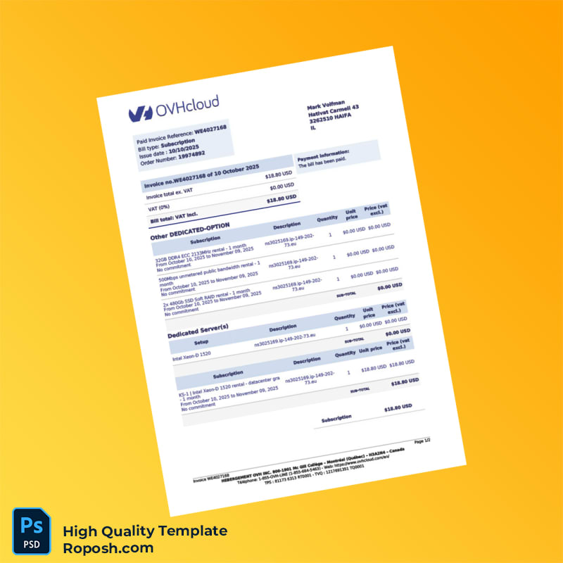 Canada Hebegement OVH Invoice Template in Word and PDF formats 2 page Canada Hebegement OVH Invoice Template in Word and PDF formats 2 page
