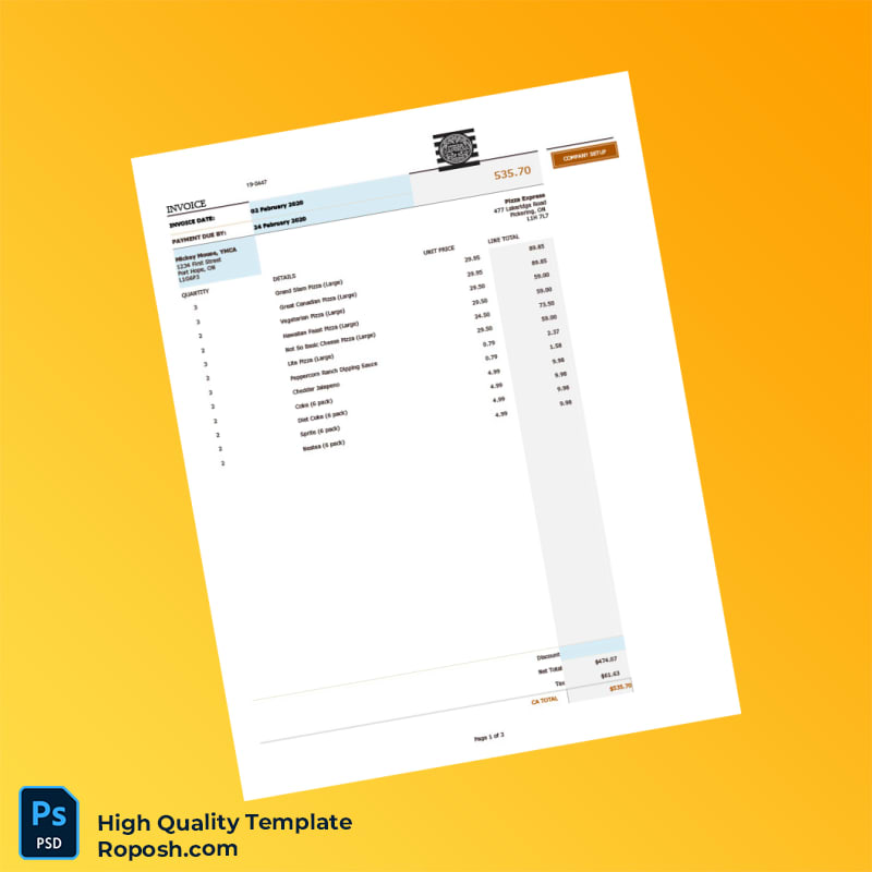 Canada Pizza Express Invoice Template in Word and PDF formats 3 page Canada Pizza Express Invoice Template in Word and PDF formats 3 page