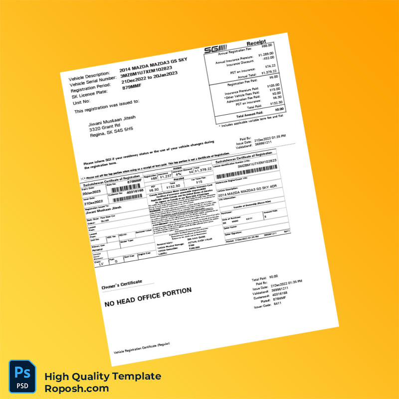 Canada Saskatchewan Vehicle Registration Certificate Template in Word and PDF formats Canada Saskatchewan Vehicle Registration Certificate Template in Word and PDF formats