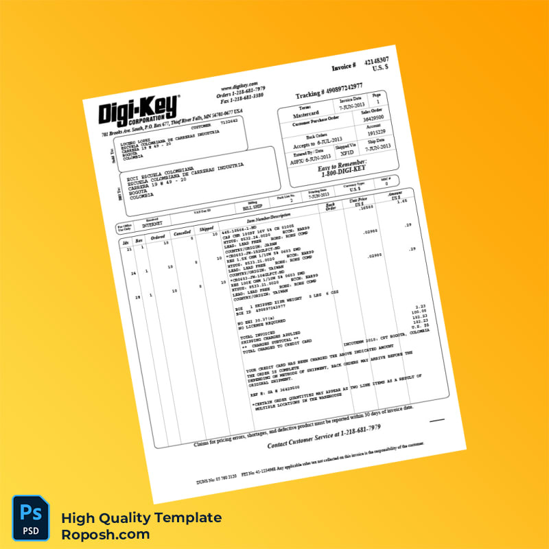 Colombia Digi-Key Invoice Template in Word and PDF formats 2 page Colombia Digi-Key Invoice Template in Word and PDF formats 2 page
