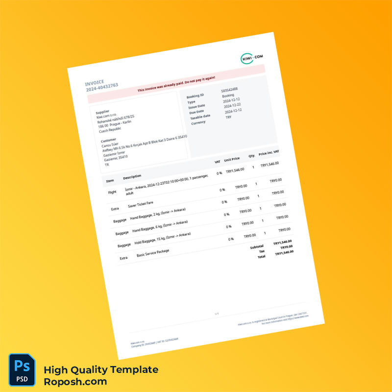 Czech Republic Kiwi com s r o Invoice Template in Word and PDF formats Czech Republic Kiwi com s r o Invoice Template in Word and PDF formats