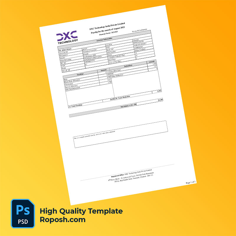 DXC Technology India Private Limited payslip word and pdf template DXC Technology India Private Limited payslip word and pdf template