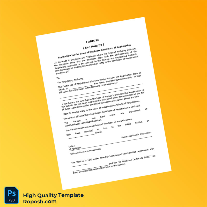 Duplicate Vehicle Registration Certificate Application Template in Word and PDF formats 3 page Duplicate Vehicle Registration Certificate Application Template in Word and PDF formats 3 page