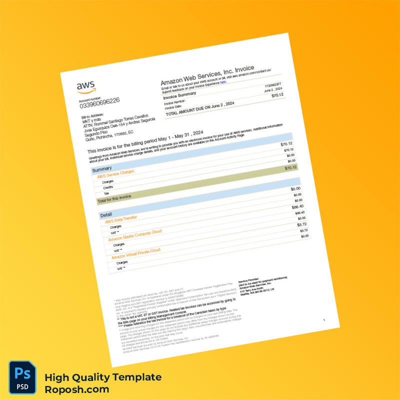 Ecuador Amazon Web Services Invoice Template in Word and PDF formats Ecuador Amazon Web Services Invoice Template in Word and PDF formats
