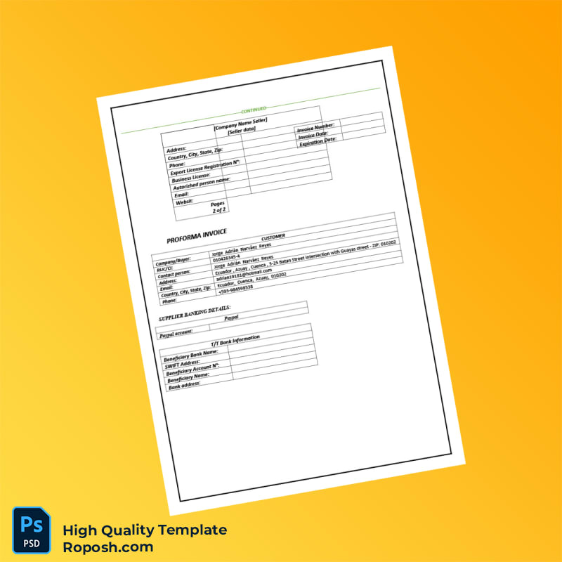 Ecuador Proforma Invoice Template in Word and PDF formats 3 page Ecuador Proforma Invoice Template in Word and PDF formats 3 page