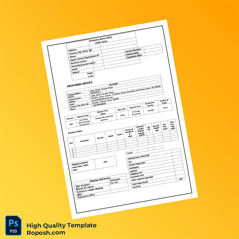Ecuador Proforma Invoice Template in Word and PDF formats 3 page Ecuador Proforma Invoice Template in Word and PDF formats 3 page