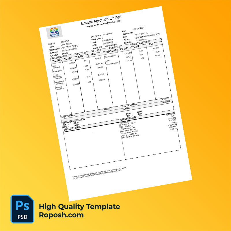 Emami Agrotech Limited payslip word and pdf template Emami Agrotech Limited payslip word and pdf template
