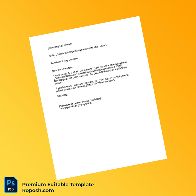 Customizable Employment Verification Letter Word & PDF Template Customizable Employment Verification Letter Word & PDF Template
