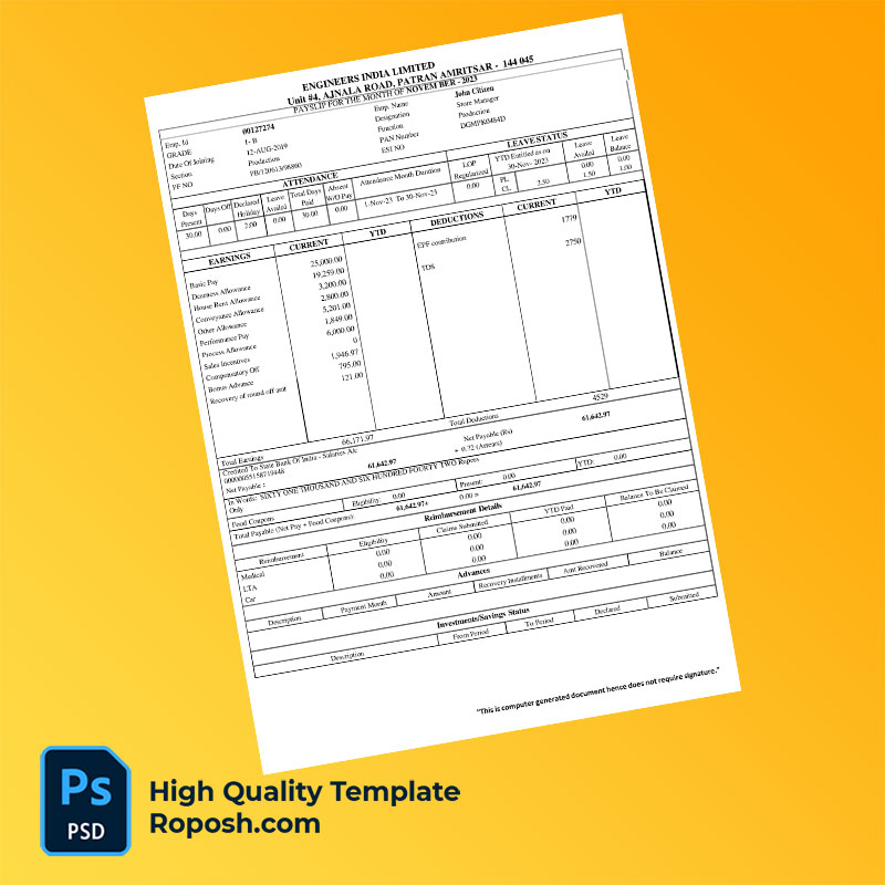 Engineers India Limited payslip word and pdf template Engineers India Limited payslip word and pdf template