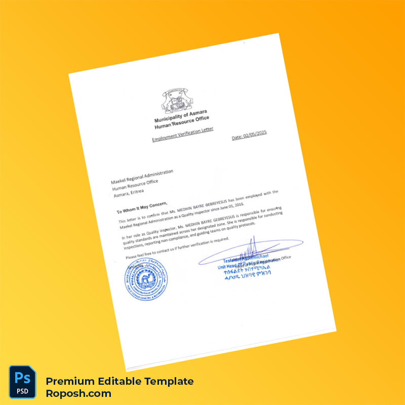 Customizable Eritrea Maekel Regional Administration Employment Verification Letter Word & PDF Template Customizable Eritrea Maekel Regional Administration Employment Verification Letter Word & PDF Template