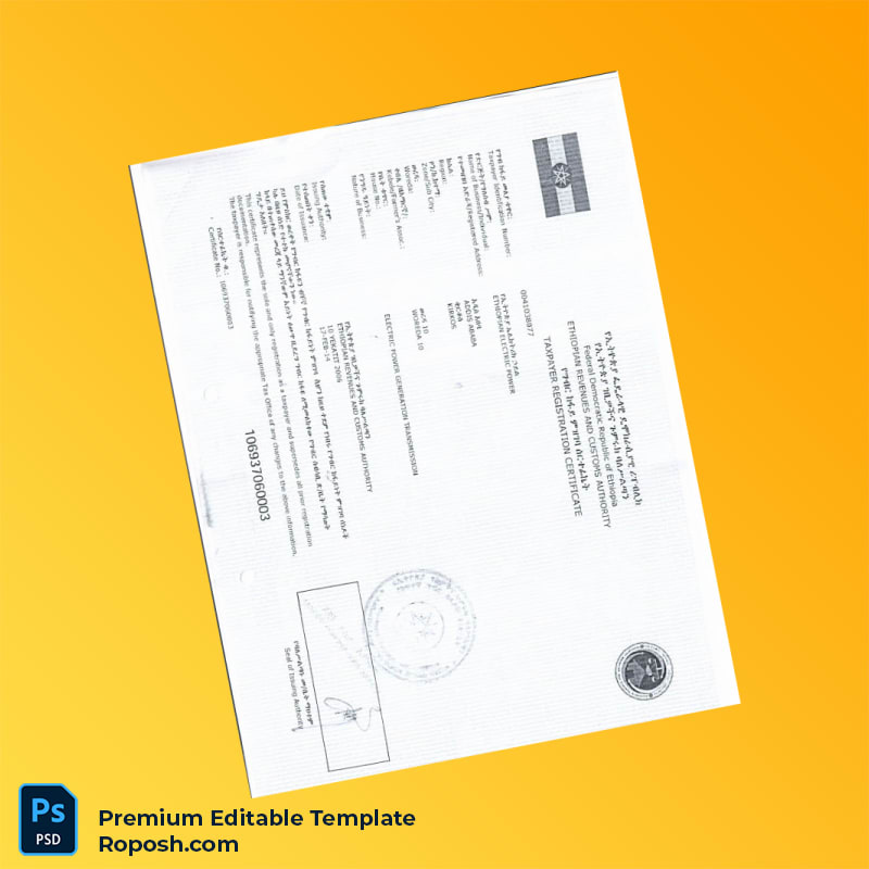 Customizable Ethiopia Ministry of Trade and Industry TIN Certificate Editable Word & PDF Template 2 page Customizable Ethiopia Ministry of Trade and Industry TIN Certificate Editable Word & PDF Template 2 page