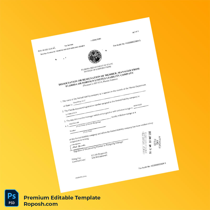 Customizable Florida Department of State Business Registration Certificate Editable Word & PDF Template 2 page Customizable Florida Department of State Business Registration Certificate Editable Word & PDF Template 2 page