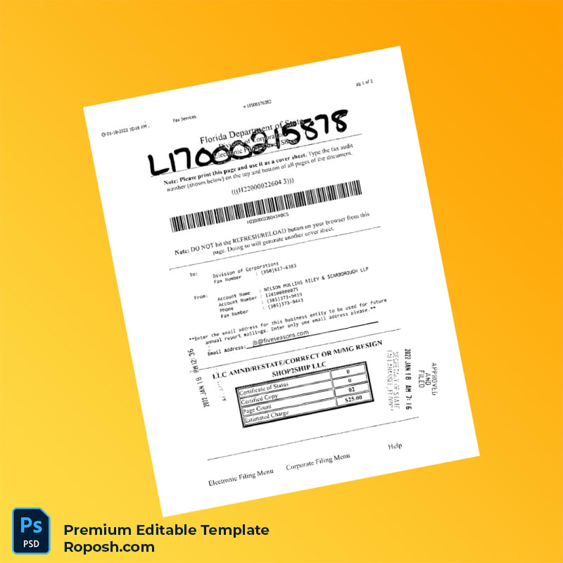 Customizable Florida Department of State Business Registration Certificate Editable Word & PDF Template 2 page Customizable Florida Department of State Business Registration Certificate Editable Word & PDF Template 2 page