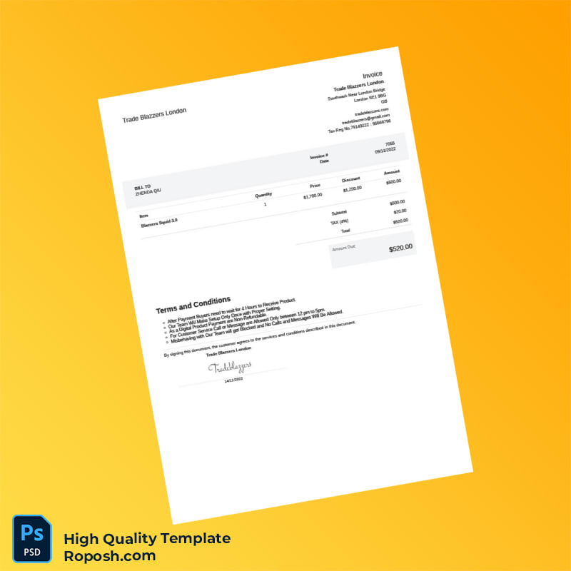 GB Trade Blazzers London Invoice Template in Word and PDF formats GB Trade Blazzers London Invoice Template in Word and PDF formats