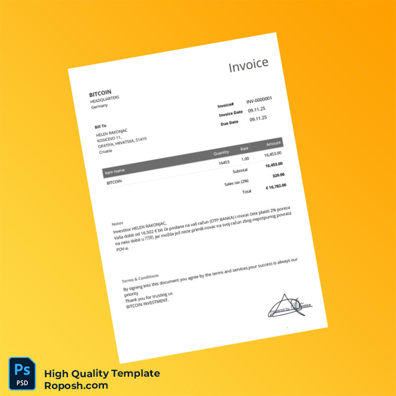 Germany Bitcoin Investment Invoice Template in Word and PDF formats Germany Bitcoin Investment Invoice Template in Word and PDF formats