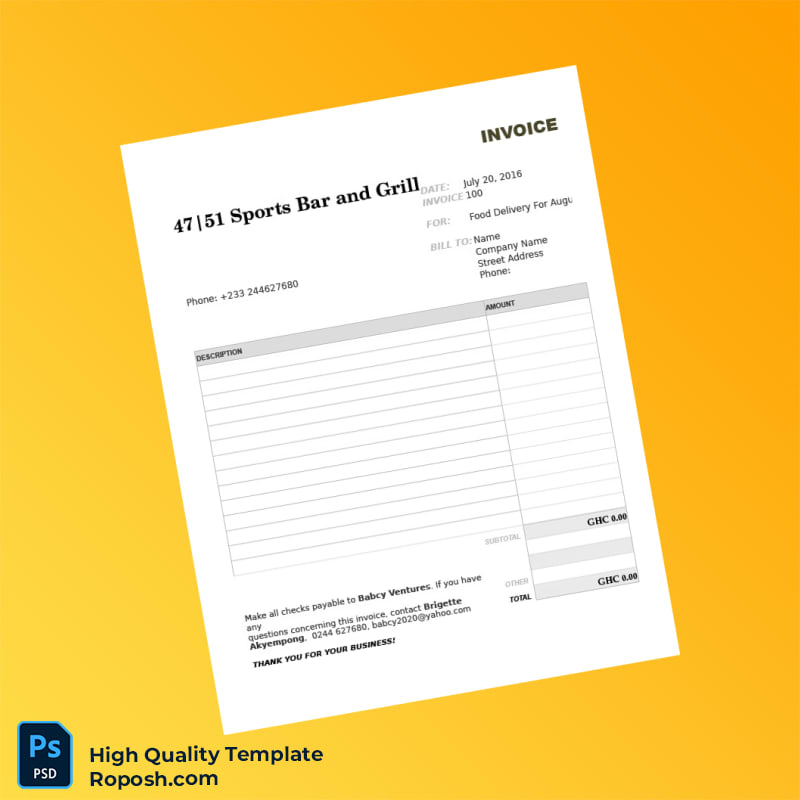 Ghana 47_51 Sports Bar and Grill Invoice Template in Word and PDF formats Ghana 47_51 Sports Bar and Grill Invoice Template in Word and PDF formats