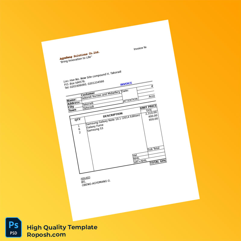 Ghana AgyeBeng Solutions Co Ltd Invoice Template in Word and PDF formats 2 page Ghana AgyeBeng Solutions Co Ltd Invoice Template in Word and PDF formats 2 page