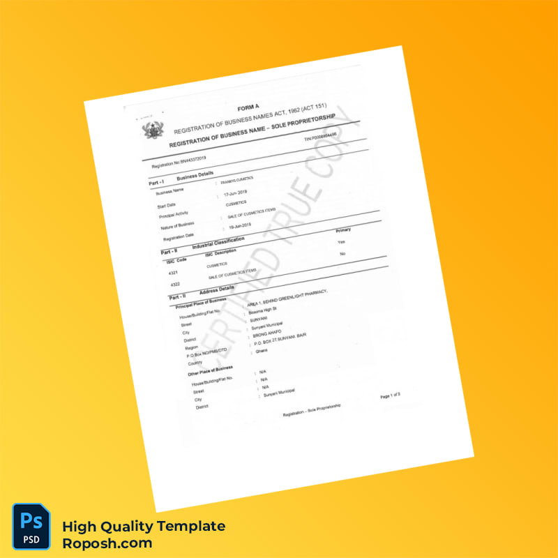Ghana Business Registration Certificate Template in Word and PDF formats 4 page Ghana Business Registration Certificate Template in Word and PDF formats 4 page