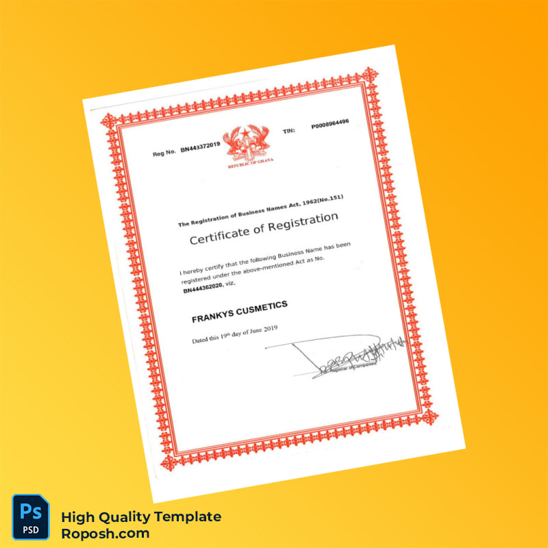 Ghana Business Registration Certificate Template in Word and PDF formats 4 page Ghana Business Registration Certificate Template in Word and PDF formats 4 page