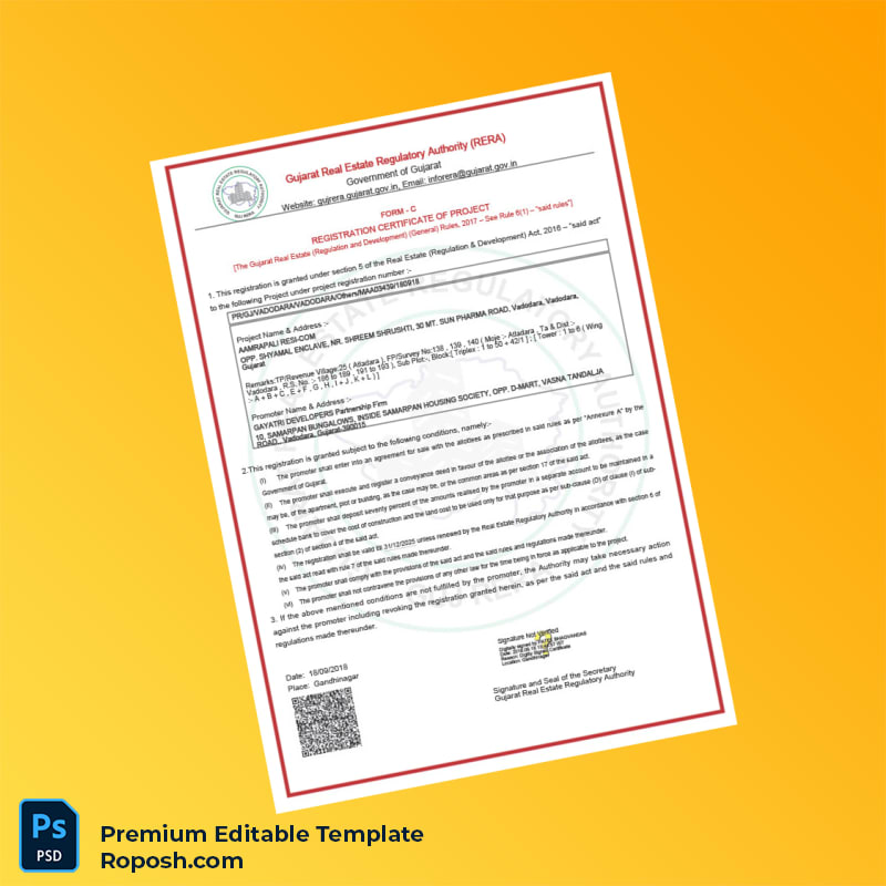 Customizable Gujarat Real Estate Regulatory Authority Registration Certificate Editable Word & PDF Template Customizable Gujarat Real Estate Regulatory Authority Registration Certificate Editable Word & PDF Template