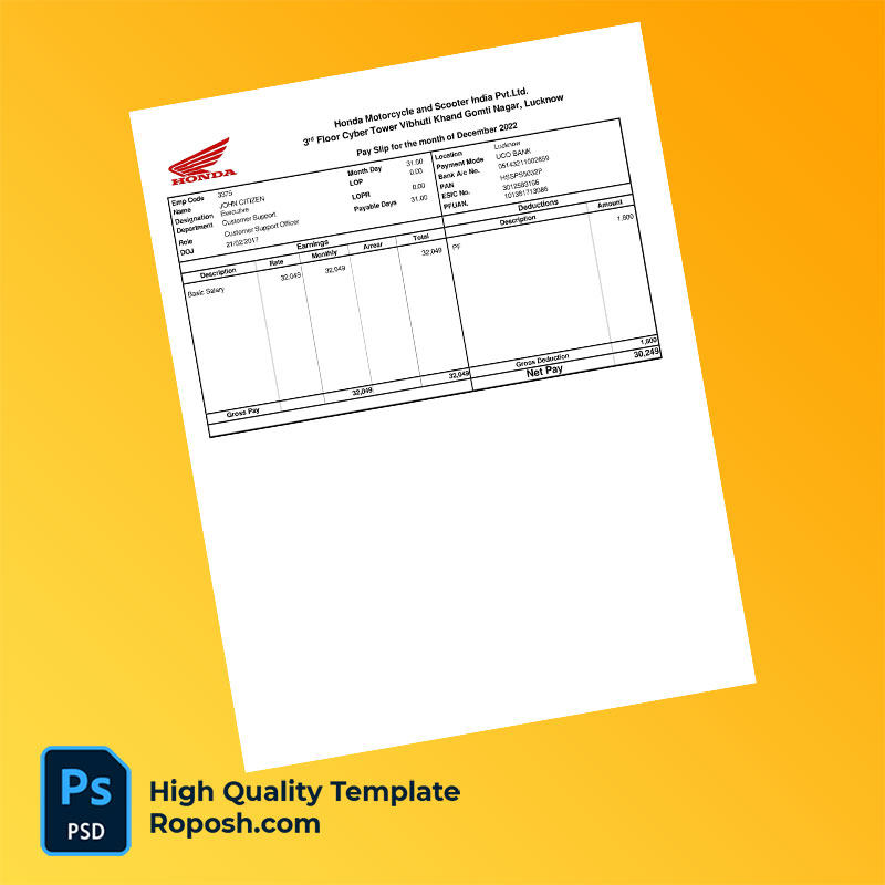 Honda Motorcycle and Scooter India Pvt Ltd payslip word and pdf template Honda Motorcycle and Scooter India Pvt Ltd payslip word and pdf template