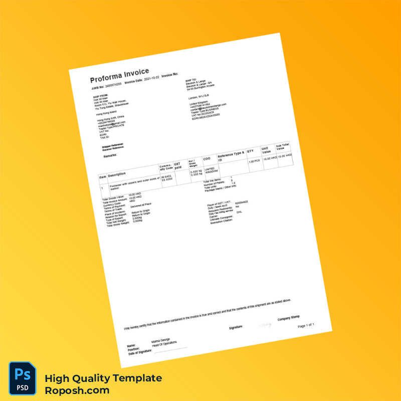 Hong Kong Hok Wi Man Proforma Invoice Template in Word and PDF formats Hong Kong Hok Wi Man Proforma Invoice Template in Word and PDF formats