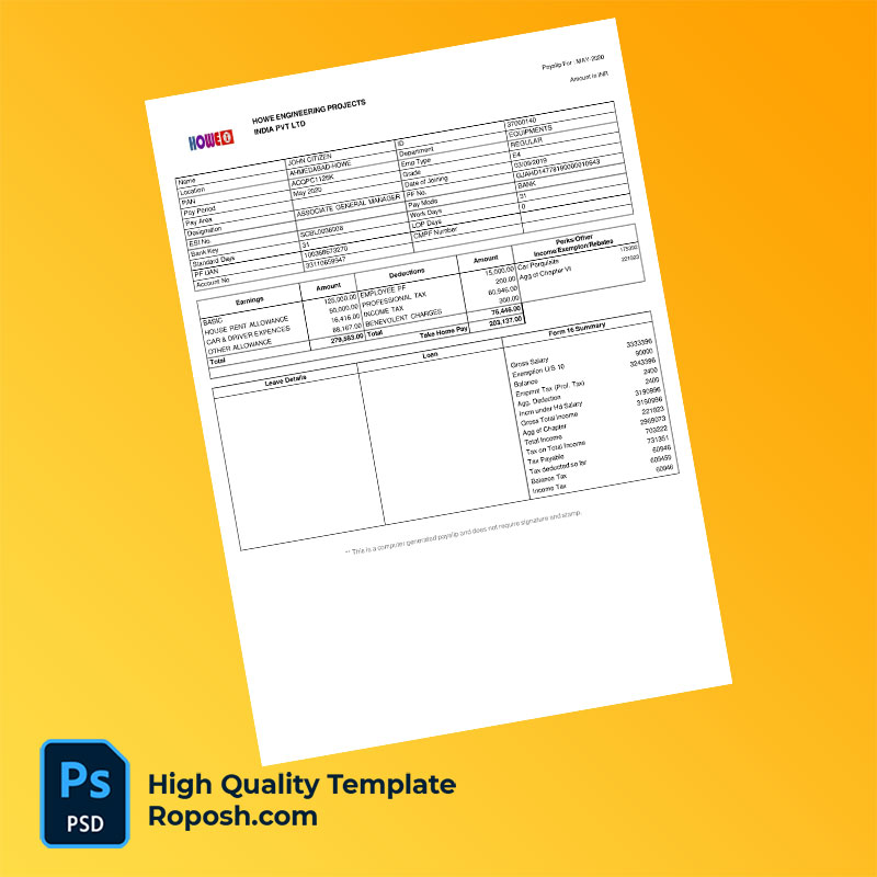 Howe Engineering Projects India PVT LTD payslip word and pdf template Howe Engineering Projects India PVT LTD payslip word and pdf template