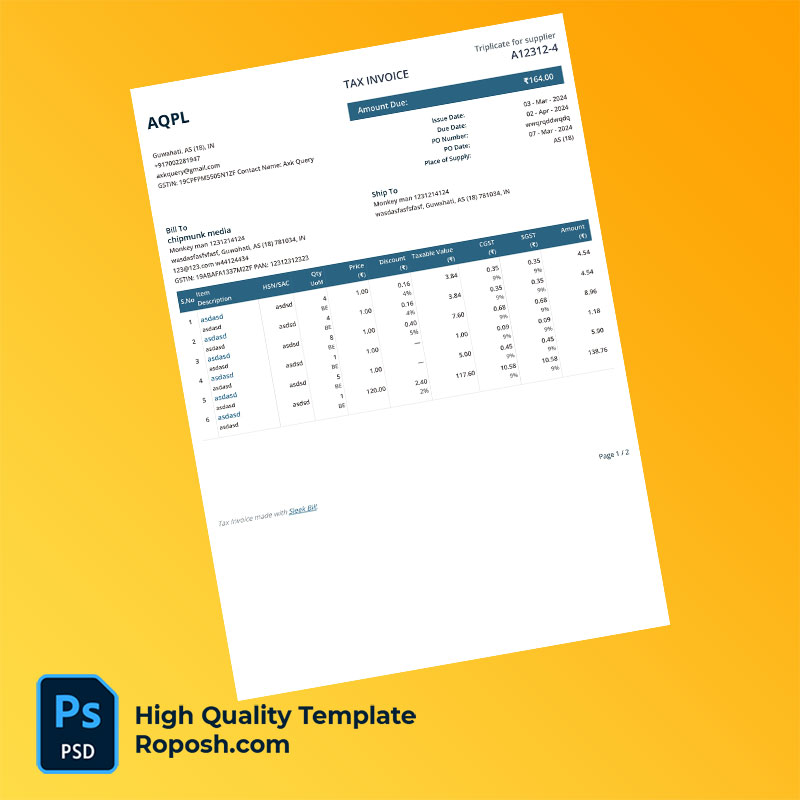India AQPL Editable Tax Invoice Template in Word and PDF formats India AQPL Editable Tax Invoice Template in Word and PDF formats