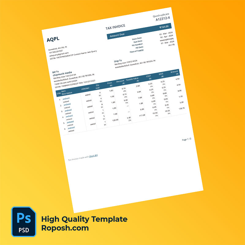 India AQPL Editable Tax Invoice Template in Word and PDF formats India AQPL Editable Tax Invoice Template in Word and PDF formats
