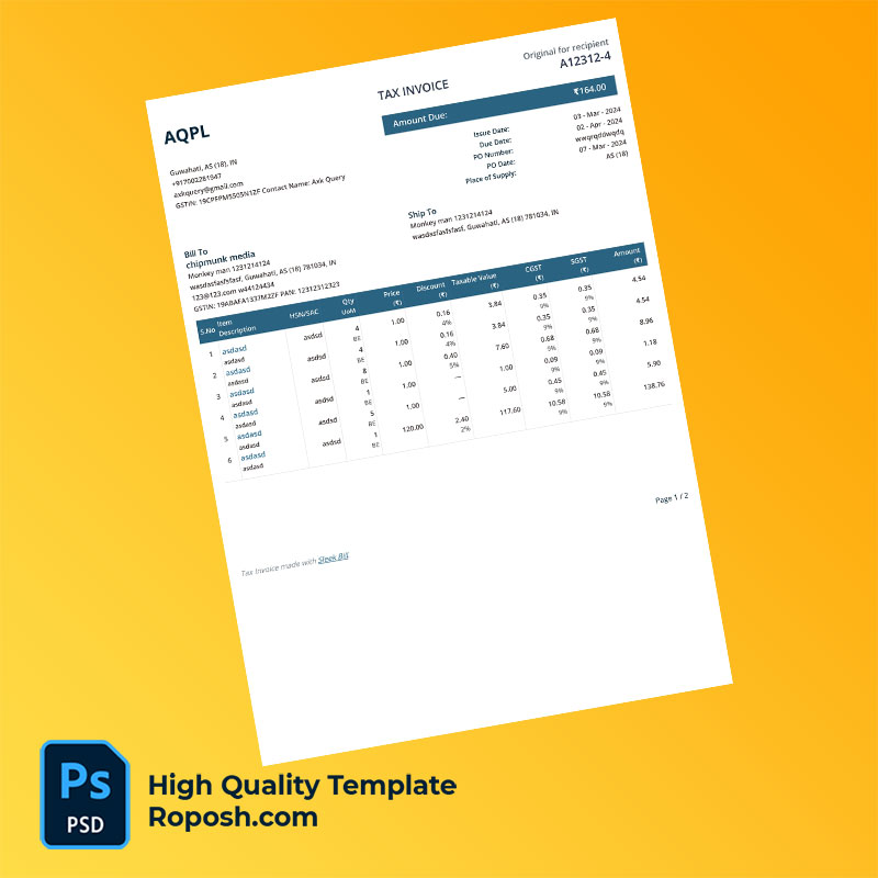 India AQPL Editable Tax Invoice Template in Word and PDF formats India AQPL Editable Tax Invoice Template in Word and PDF formats