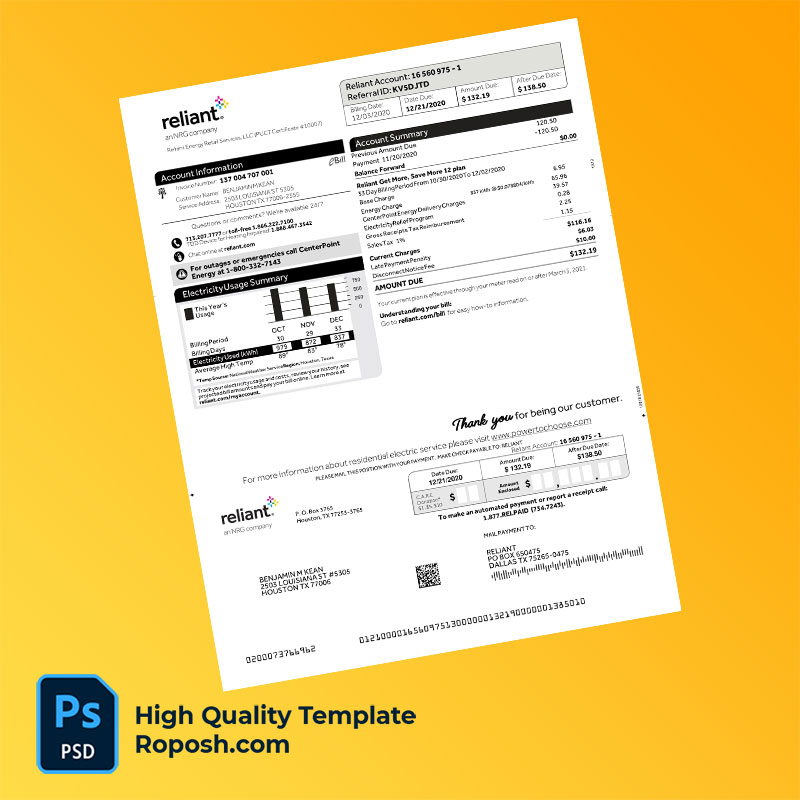India Reliant Energy Retail Services, LLC Editable Electricity Bill Template in Word and PDF formats India Reliant Energy Retail Services, LLC Editable Electricity Bill Template in Word and PDF formats
