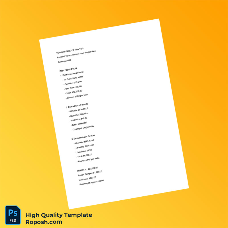 India ABC Trading Company Ltd Commercial Invoice Template in Word and PDF formats 4 page India ABC Trading Company Ltd Commercial Invoice Template in Word and PDF formats 4 page