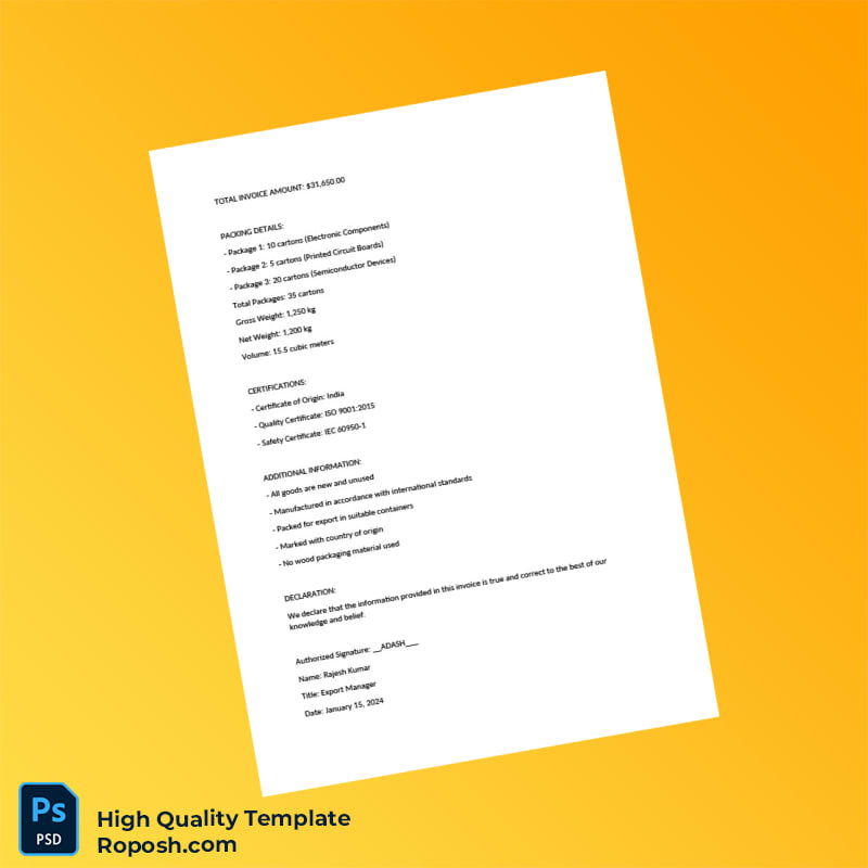 India ABC Trading Company Ltd Commercial Invoice Template in Word and PDF formats 4 page India ABC Trading Company Ltd Commercial Invoice Template in Word and PDF formats 4 page