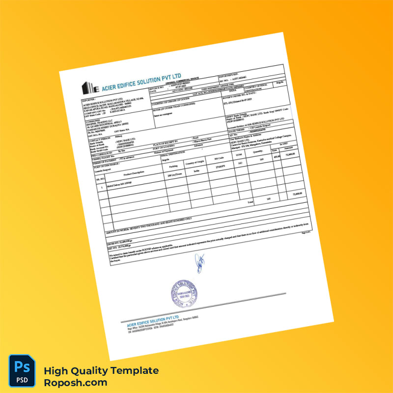 India ACIER EDIFICE SOLUTION PVT LTD Commercial Invoice Template in Word and PDF formats India ACIER EDIFICE SOLUTION PVT LTD Commercial Invoice Template in Word and PDF formats