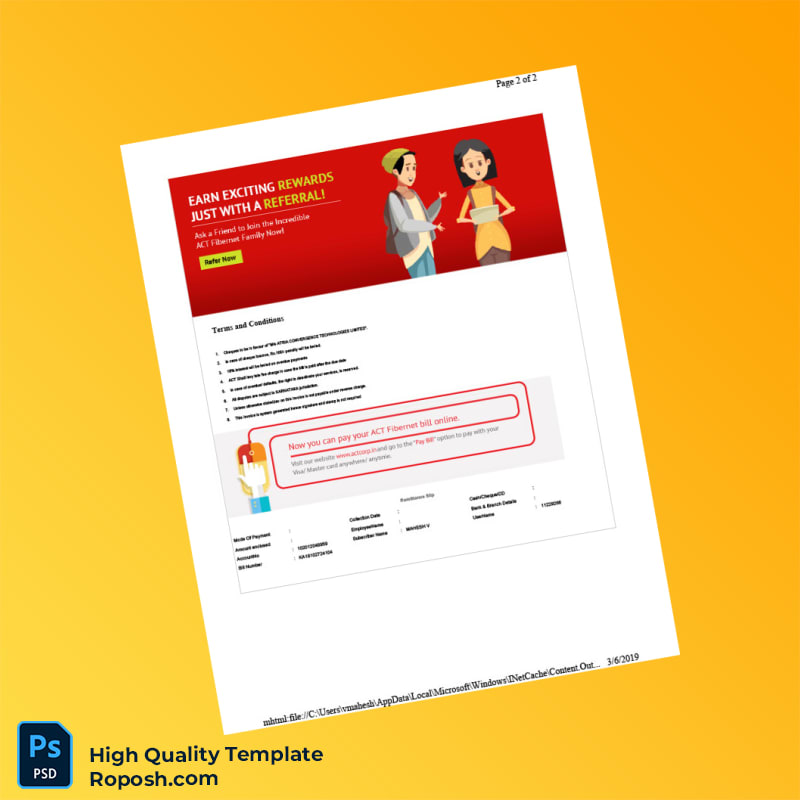 India ACT Fibernet Invoice Template in Word and PDF formats 2 page India ACT Fibernet Invoice Template in Word and PDF formats 2 page