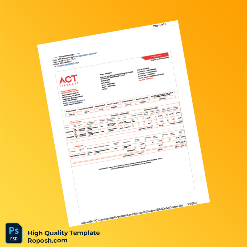 India ACT Fibernet Invoice Template in Word and PDF formats 2 page India ACT Fibernet Invoice Template in Word and PDF formats 2 page