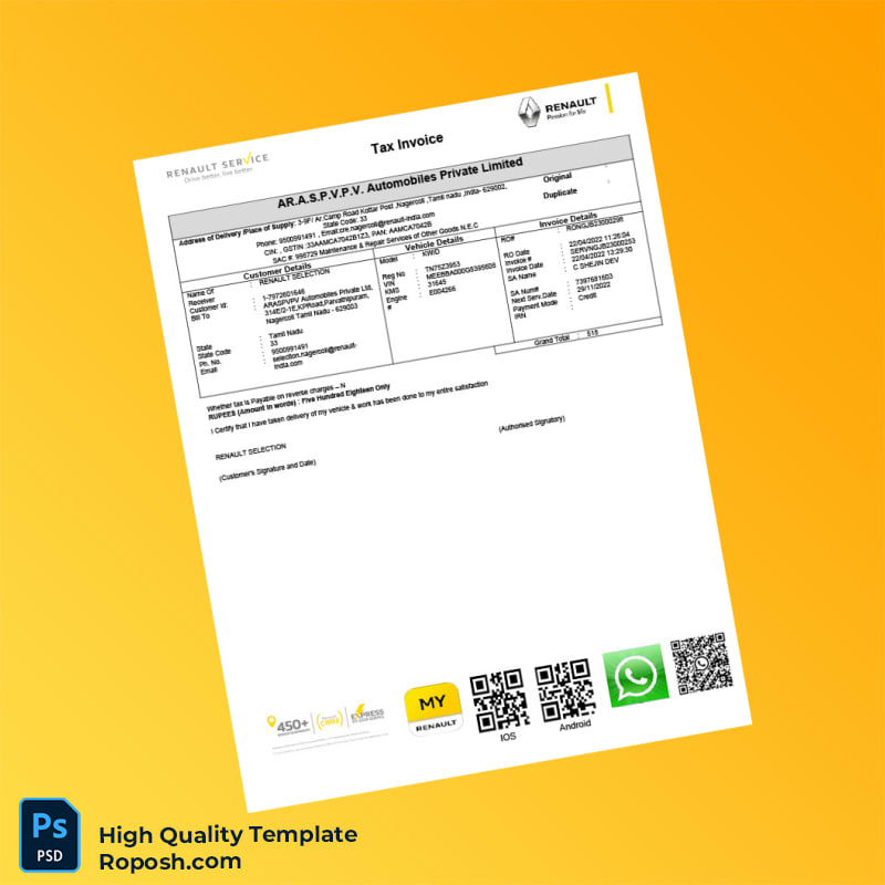 India AR A S P V P V Automobiles Private Limited Tax Invoice Template in Word and PDF formats 4 page India AR A S P V P V Automobiles Private Limited Tax Invoice Template in Word and PDF formats 4 page
