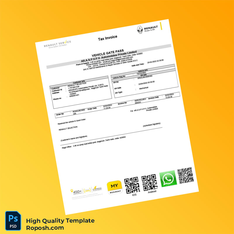 India AR A S P V P V Automobiles Private Limited Tax Invoice Template in Word and PDF formats 4 page India AR A S P V P V Automobiles Private Limited Tax Invoice Template in Word and PDF formats 4 page