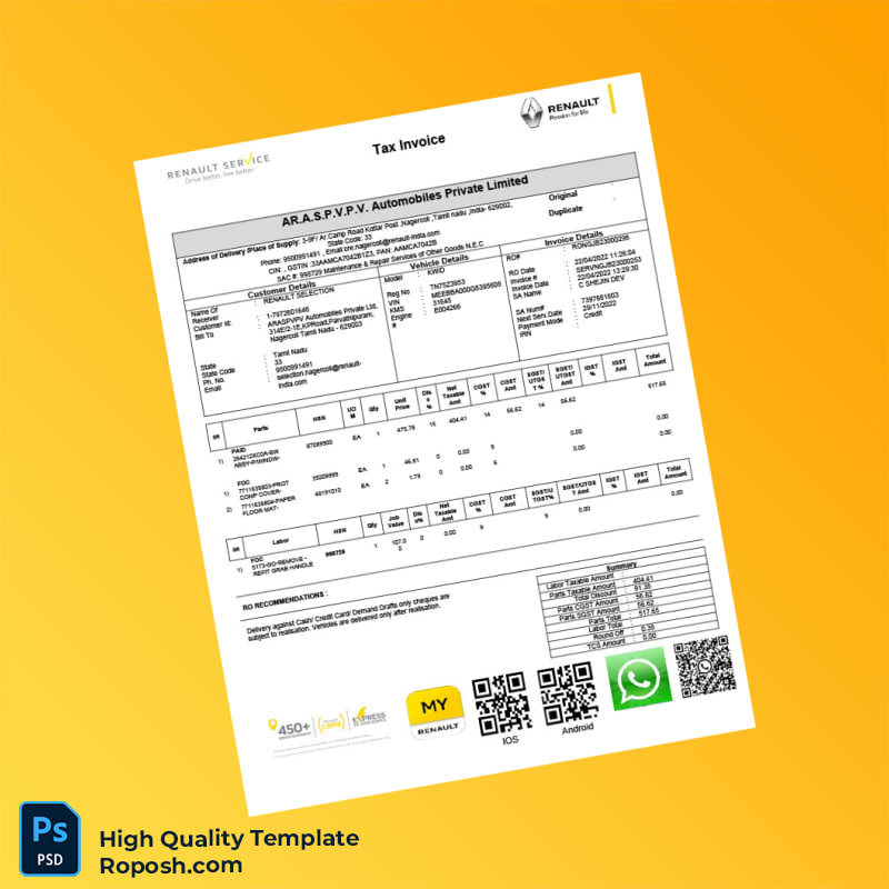 India AR A S P V P V Automobiles Private Limited Tax Invoice Template in Word and PDF formats 4 page India AR A S P V P V Automobiles Private Limited Tax Invoice Template in Word and PDF formats 4 page